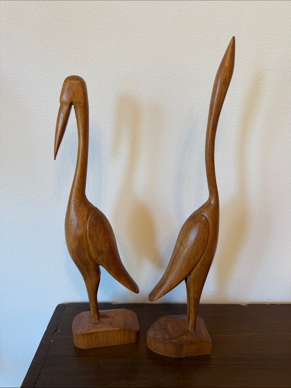 Vintage Hand-Carved Wooden Crane Pair - Mid Century Style in Warm Brown